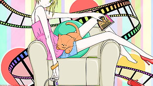 brown cat on girl's lap cartoon illustration