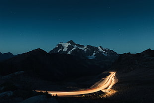 snowy mountain, mountains, road, long exposure, light trails HD wallpaper