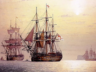 brown galleon ship, sailing ship, artwork, ship