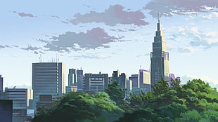 gray tower building, The Garden of Words, Makoto Shinkai , anime HD wallpaper