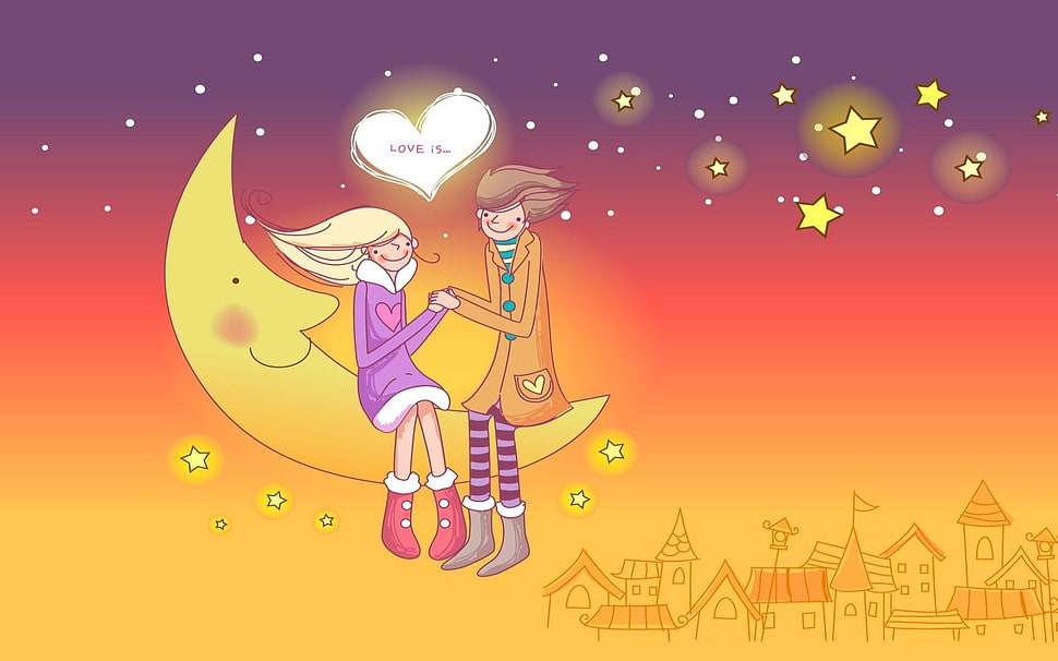man and woman standing at moon HD wallpaper