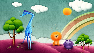 blue giraffe, orange lion, and purple hippo art work, painting, animals, artwork, trees