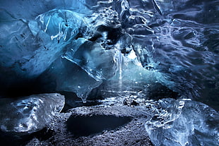 black and gray metal parts, water, ice, nature, cave