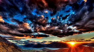 photograph of river during golden hour, sky, HDR, clouds, sunlight