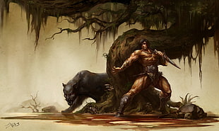 black hair man and black panther painting, artwork, fantasy art