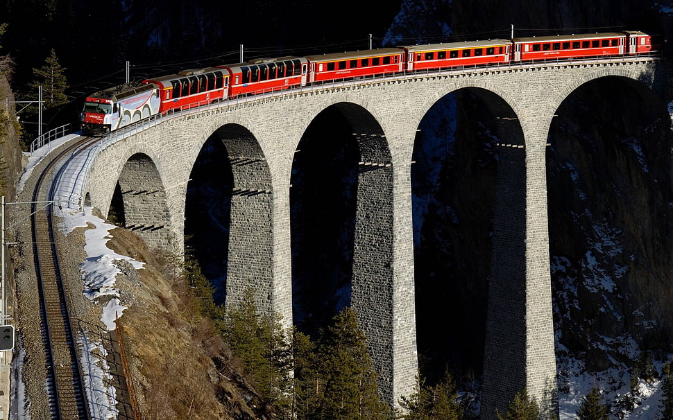 black and gray car mats, train, bridge HD wallpaper