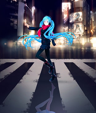 blue haired female anime character walks on pedestrian lane