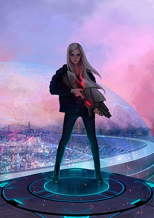female character in black jacket illustration, science fiction, artwork