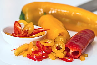 sliced yellow and red peppers