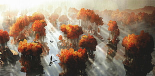 red leafed trees illustration, concept art, landscape, animated movies, dragon