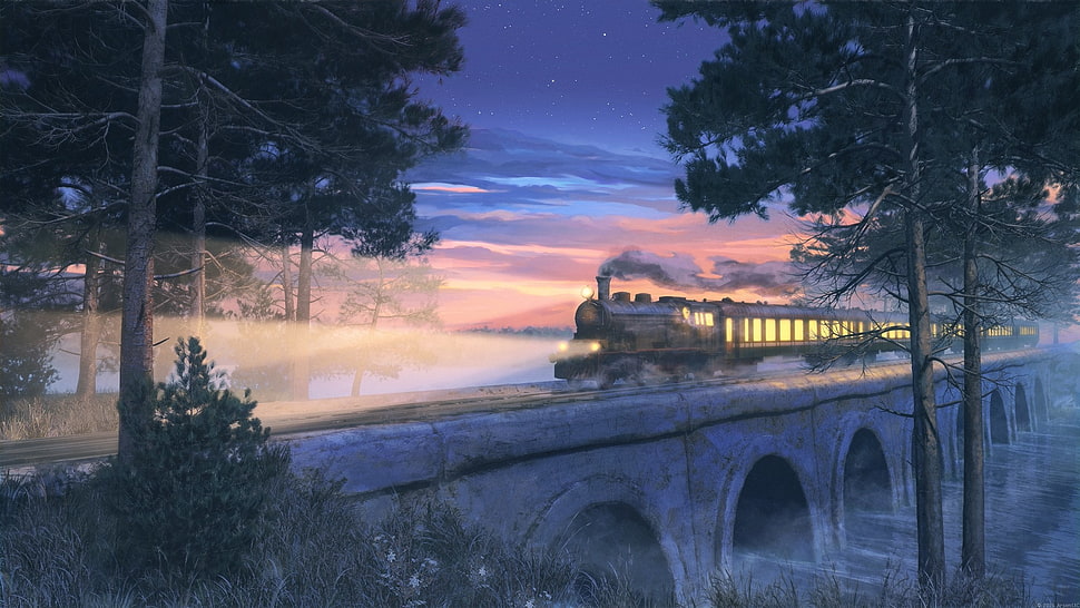 train on concrete bridge painting HD wallpaper