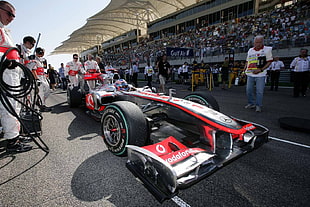 black and red F1, Formula 1, McLaren, racing, race cars