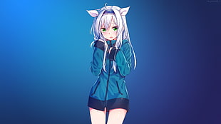 female anime character wearing jacket digital wallpaper