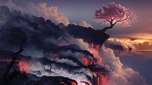 pink leaf bare tree on cliff surrounded with clouds painting