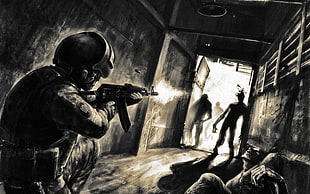 man firing gun on another man illustration, zombies, drawing