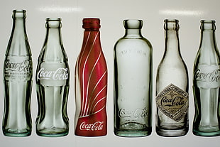 clear glass bottles, Coca-Cola, bottles