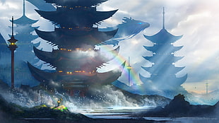 video game illustration, castle, dragon, artwork, pagoda