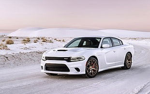 white sedan, Dodge Charger Hellcat, car, snow, winter