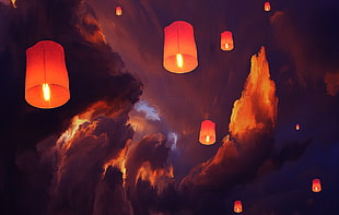outdoor lantern artwork, lantern, sky lanterns, clouds, artwork