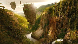 floating rock formation over river between canyons HD wallpaper