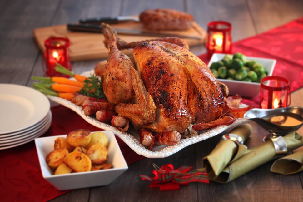 roasted chicken on square white ceramic plate HD wallpaper