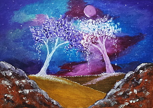 two pink and blue leaf trees painting