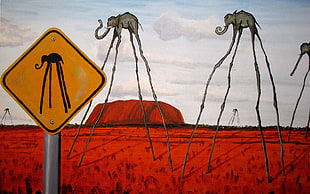 yellow and gray road sign, artwork, Salvador Dalí, elephant, surreal HD wallpaper