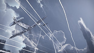 war planes under cloudy sky, airplane, gunships, Paths of Hate, digital art