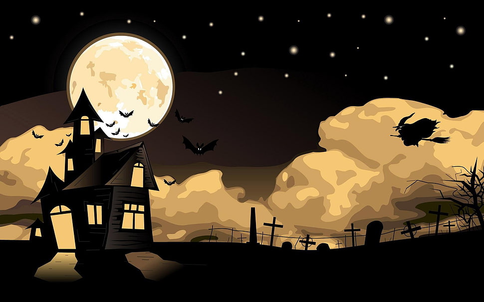 witch house illustration, Halloween, vector, digital art, witch HD wallpaper