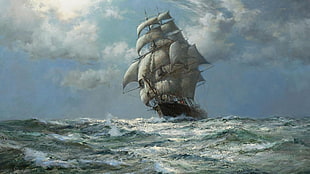 sailing ship wallpaper, sea, old ship, painting, artwork