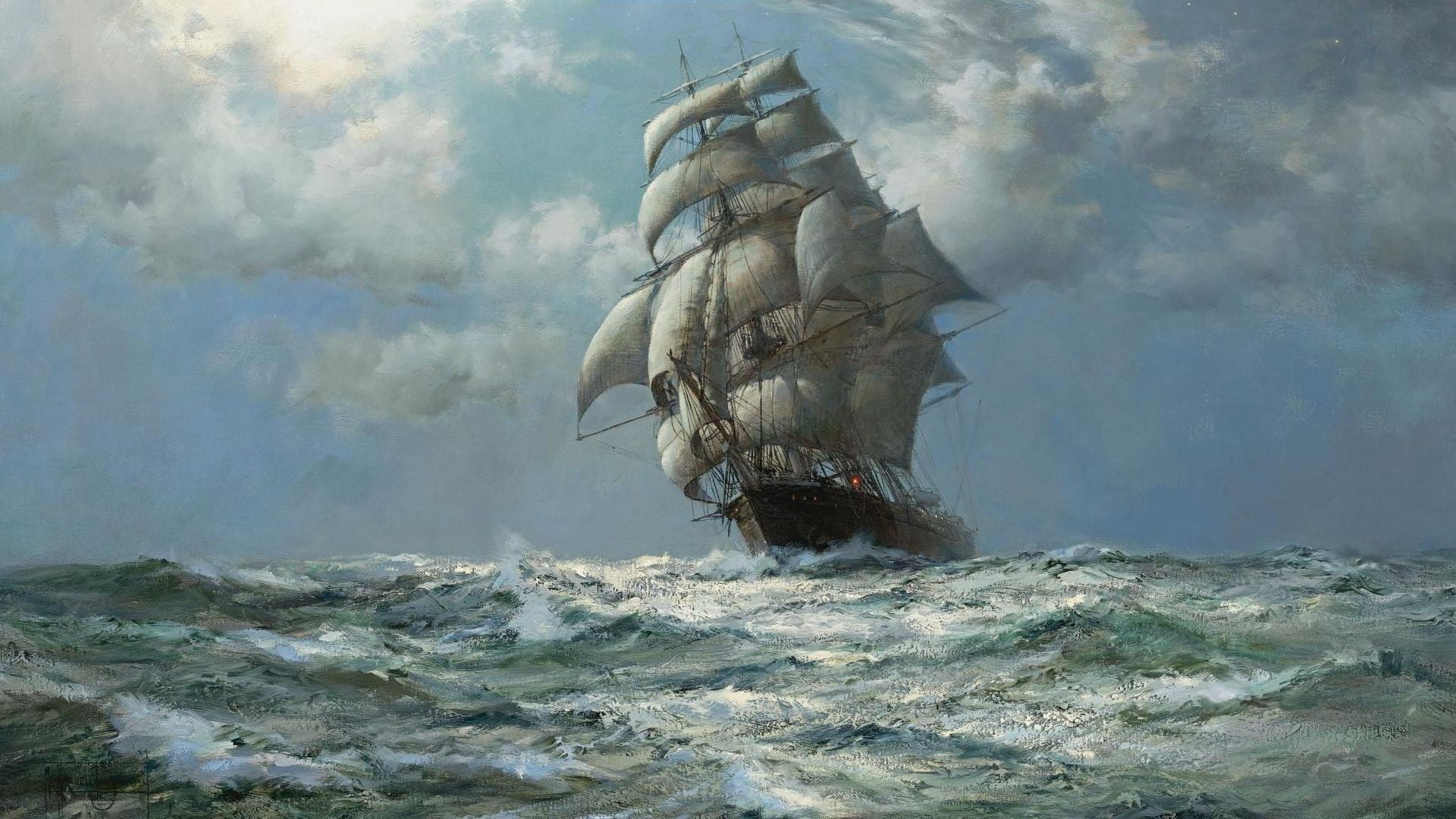 sailing ship wallpaper, sea, old ship, painting, artwork