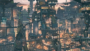 black and brown city painting, futuristic, city, anime, Suicide Sheep