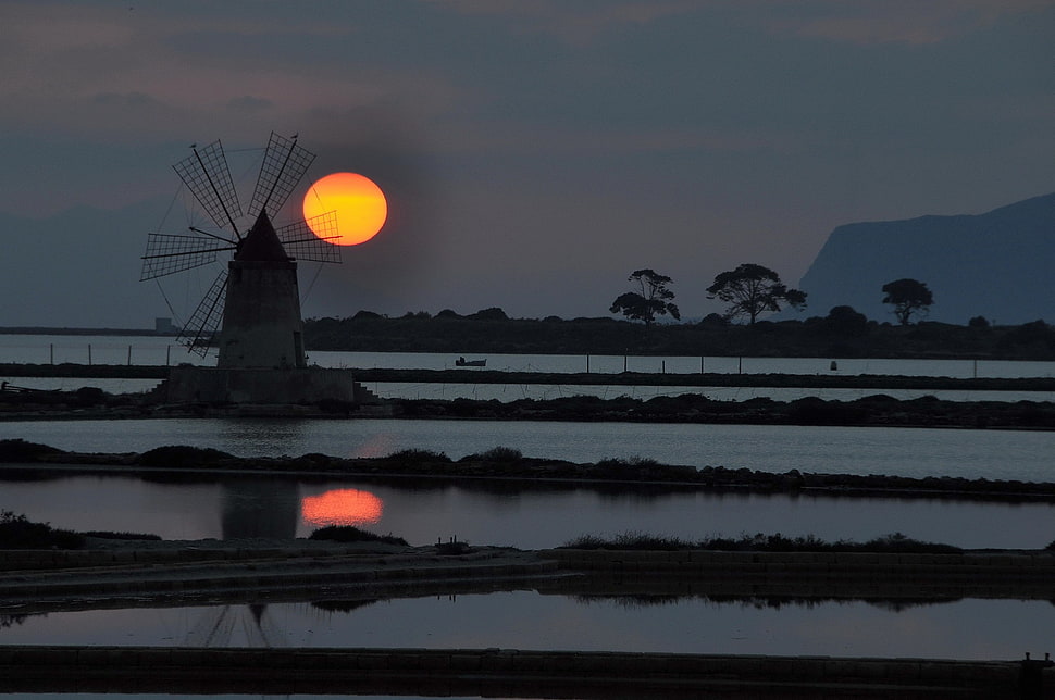 black windmill, landscape HD wallpaper