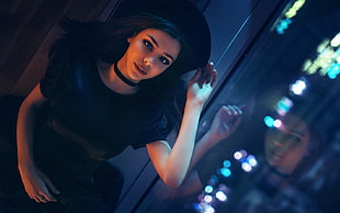 woman wearing black dress, choker and cap HD wallpaper