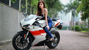 white and red sports bike, Ducati 848, women, motorcycle, model