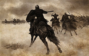 warriors riding horse painting HD wallpaper