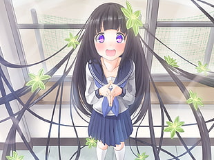 black haired anime girl character in white and blue school uniform