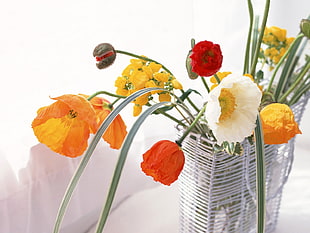 white, yellow, and red poppies in white vase centerpiece