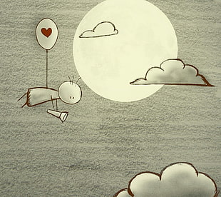 illustration of person flying on clouds, nature, love