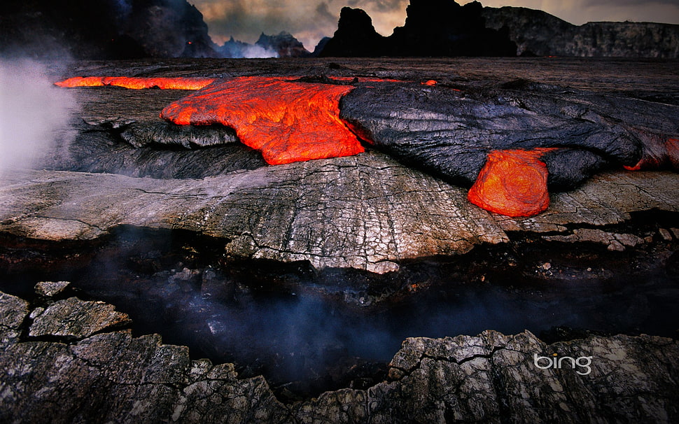 red and black wooden table, lava, nature HD wallpaper