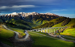 white bridge, nature, landscape, mountains, snowy peak HD wallpaper