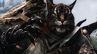 armored wild cat character digital wallpaper