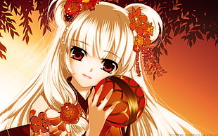 long blonde-haired female anime character holding red ball digital wallpaper