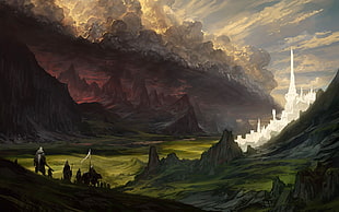 people near mountain artwork, fantasy art, The Lord of the Rings
