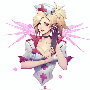 yellow haired female anime character illustration, Zeronis, Overwatch, Blizzard Entertainment, Mercy (Overwatch)