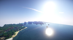 aerial view of beach, Minecraft, lava, water, Sun