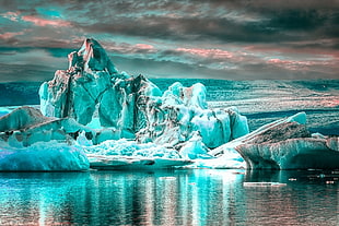 ice age digital wallpaper, ice, glaciers, water, clouds