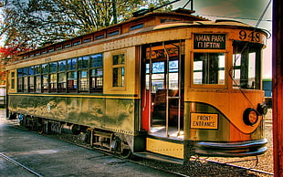 yellow and green tram, vintage, tram