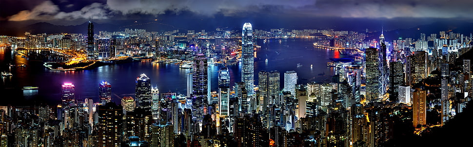 cityscape photo of concrete building, Hong Kong, city, night, harbor HD wallpaper