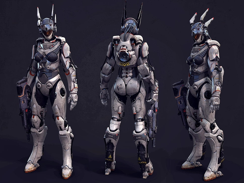 robot with rifle wallpaper, render, science fiction, armor, CGI HD wallpaper